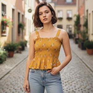 American Eagle Gold Floral Shirred Top